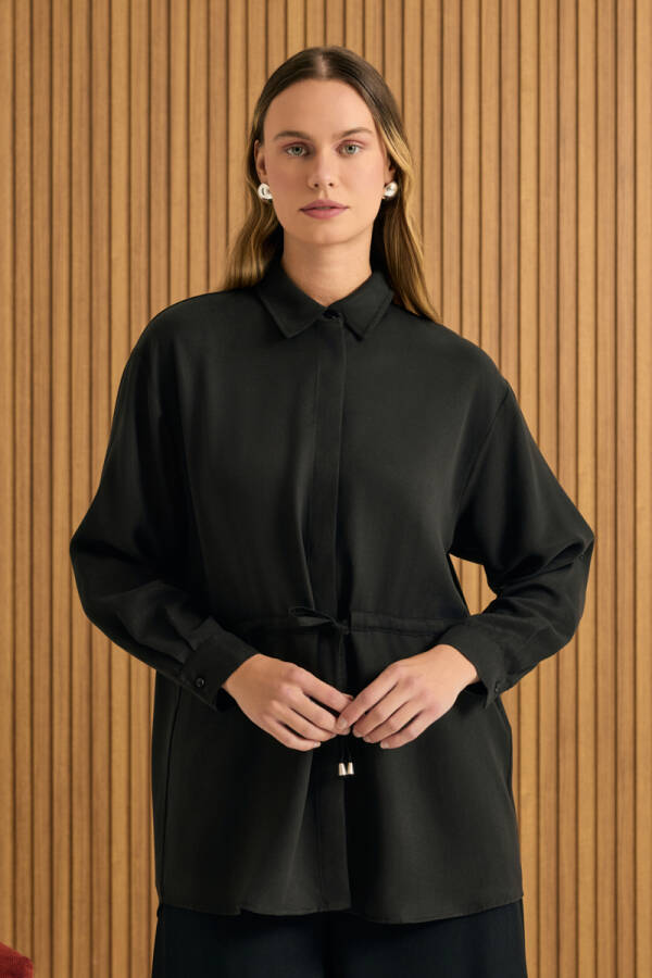 Siyah Beli Bağcıklı Tencel Tunik - Aker
